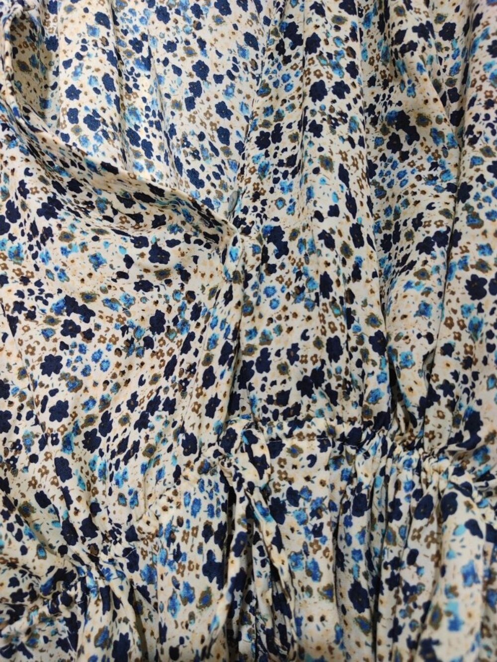 Women’s Blue Floral Wrap Blouse Ruffle Hem Bell Sleeve Top - Picture 4 of 5